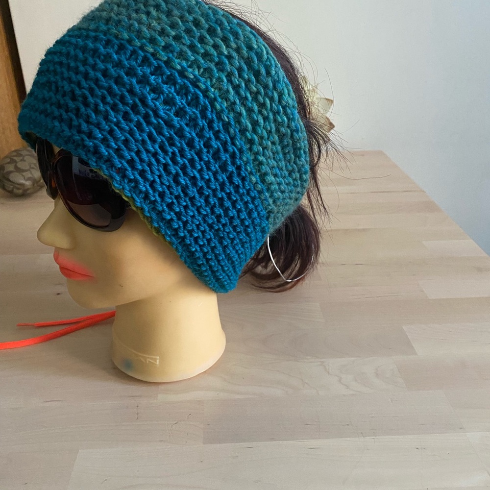 Convertible Blue and Green Knit Hat- scarf.